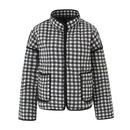 Suninheart Automne Femmes Plaid Manteaux Matelassés Mode Coton Veste Manteaux Chaud Noir et Blanc Veste Courte Manteau Femme Vêtements D'extérieur