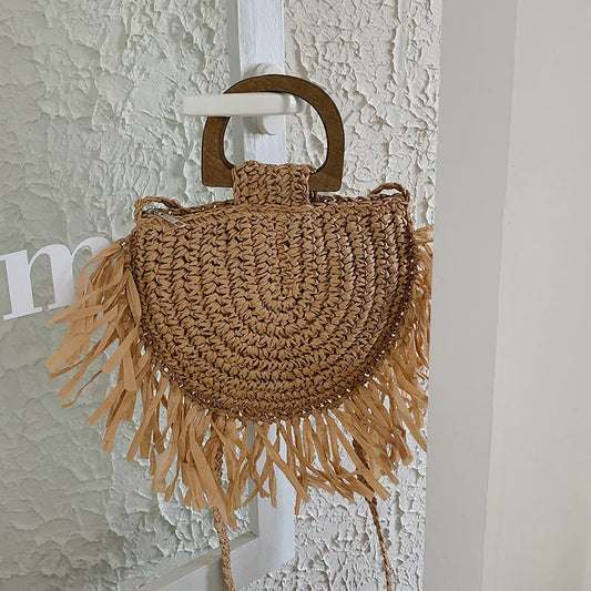 Bolsos de mano informales de paja con borlas para mujer, bolsos cruzados tejidos con asa de madera, bolsos de playa de verano hechos a mano, bolsos pequeños tipo Bali