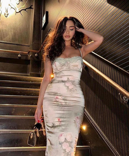 Suninheart Spaghetti Strap Lace Print Midi Dress for Women Robe Strapless Backless High Waist Bodycon Club Party Long Dress