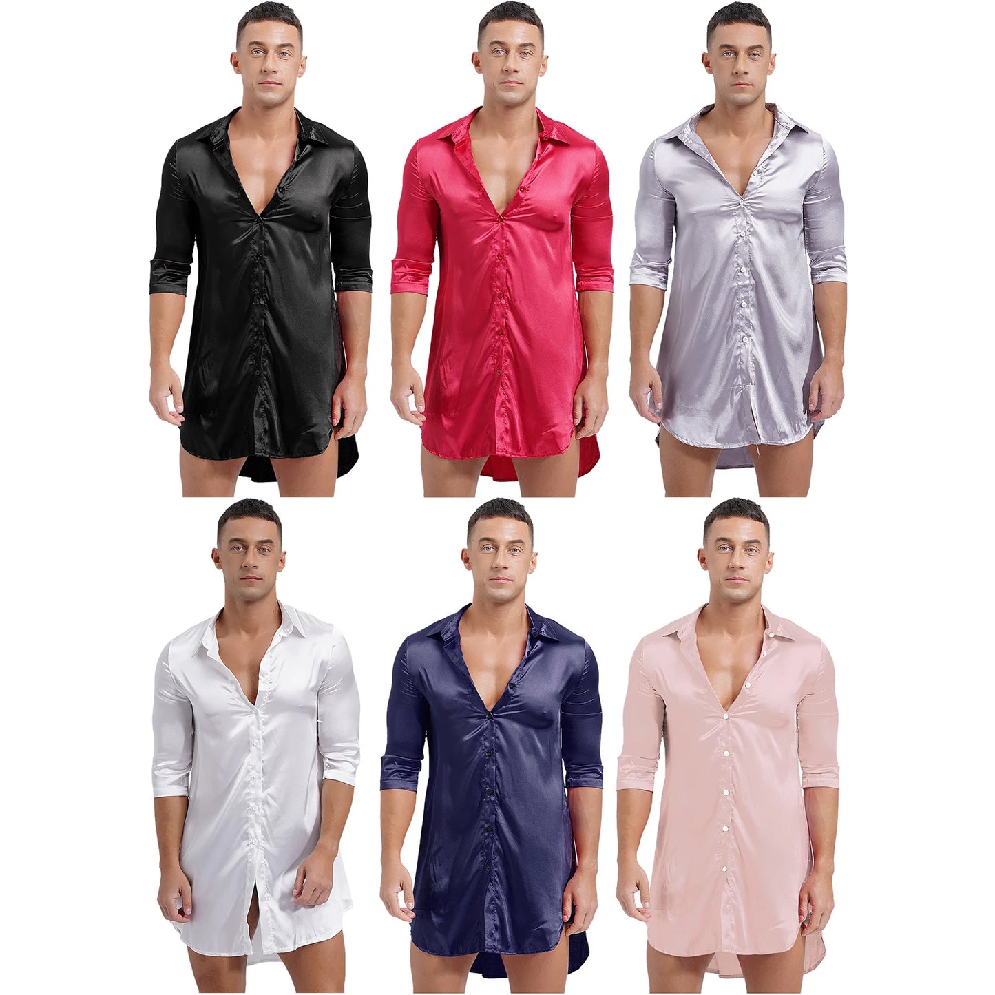 Chemise en satin de soie pour homme Sissy, couleur unie, longue robe portefeuille, peignoir, kimono, chemise de nuit, pyjama, vêtements de nuit, vêtements de détente