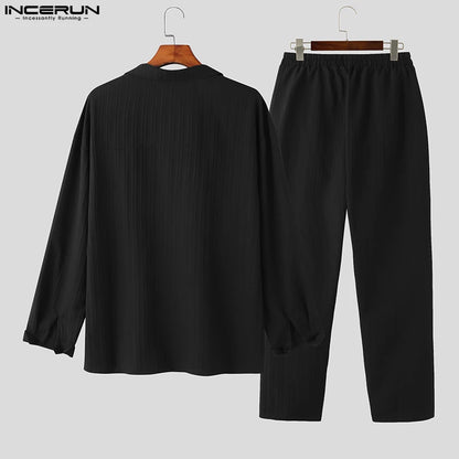 Conjuntos de estilo casual de moda para hombres INCERUN Venta caliente Conjuntos de camisas de manga larga y pantalones Traje de rayas elegante para hombres 2 piezas S-5XL 2023