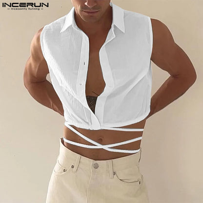 2023 Hommes Chemise Revers Sans Manches Solide Boutonné À Lacets Dos Nu Crop Tops Hommes Streetwear Sexy Mode Camisas S-5XL INCERUN