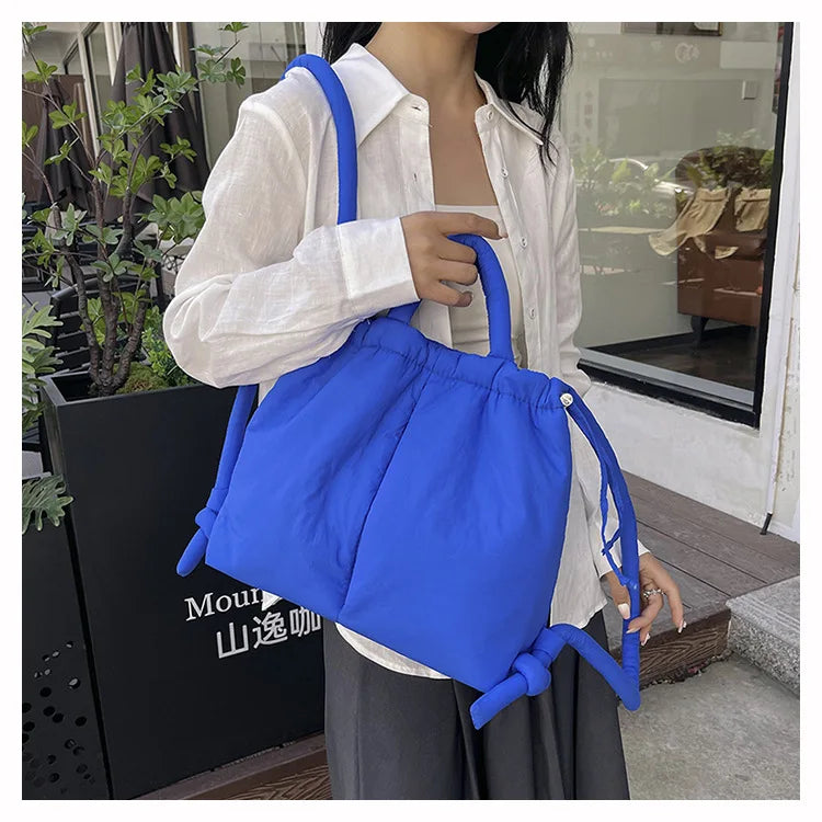 Casual Large Capacity Puffer Tote Bag Designer Padded Nylon Women Handbags Knotted Strap Shouder Crossbody Bags Warm Sac 2024