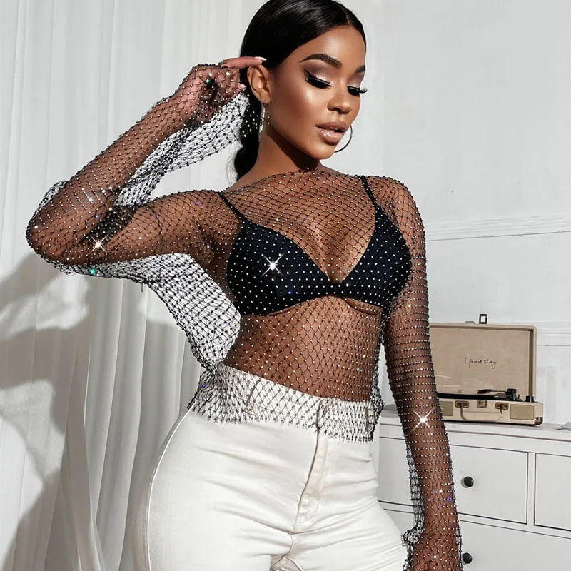 Tops cortos transparentes con diamantes de cristal para mujer, ropa de playa ahuecada, tops brillantes y sexis a la moda para fiestas y clubes, envío directo, verano 2022