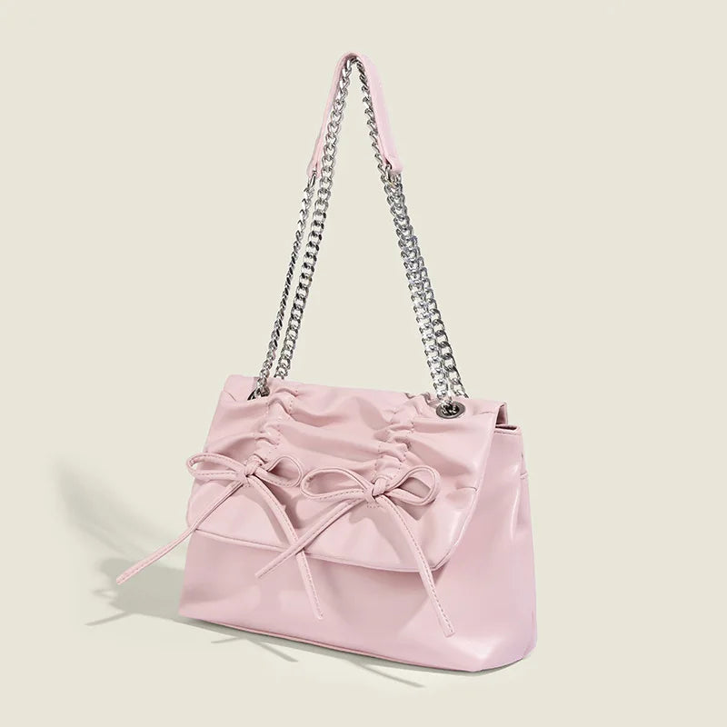 Bolso de hombro con lazo fruncido y cadena para mujer, bandolera de piel sintética de lujo, color rosa Y2K, con solapa grande