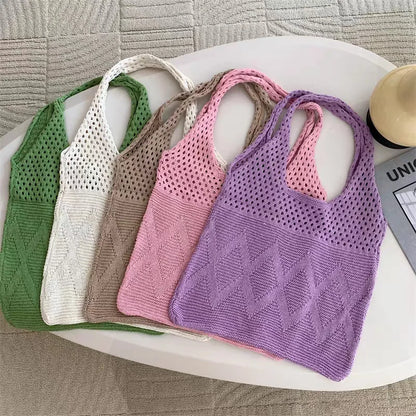 Casual Hollow Out Knitted Women Shoulder Bags Woolen Weave Large Capacity Tote Bag Summer Beach Bag Big Shopper Purses 2024