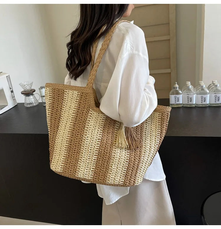 Bolso tejido de paja estilo vacaciones de verano, gran capacidad, versión coreana, tendencia occidental, bolso de hombro, bolso de mano de viaje de moda, diseñador