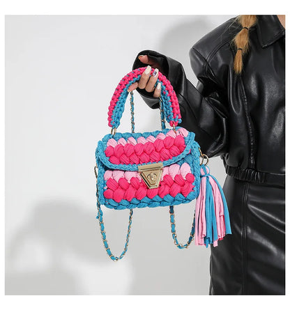 Fashion Colorful Crochet Women Handbags Trend Handmade Woven Chains Shoulder Crossbody Bag Small Flap Female Purses 2024