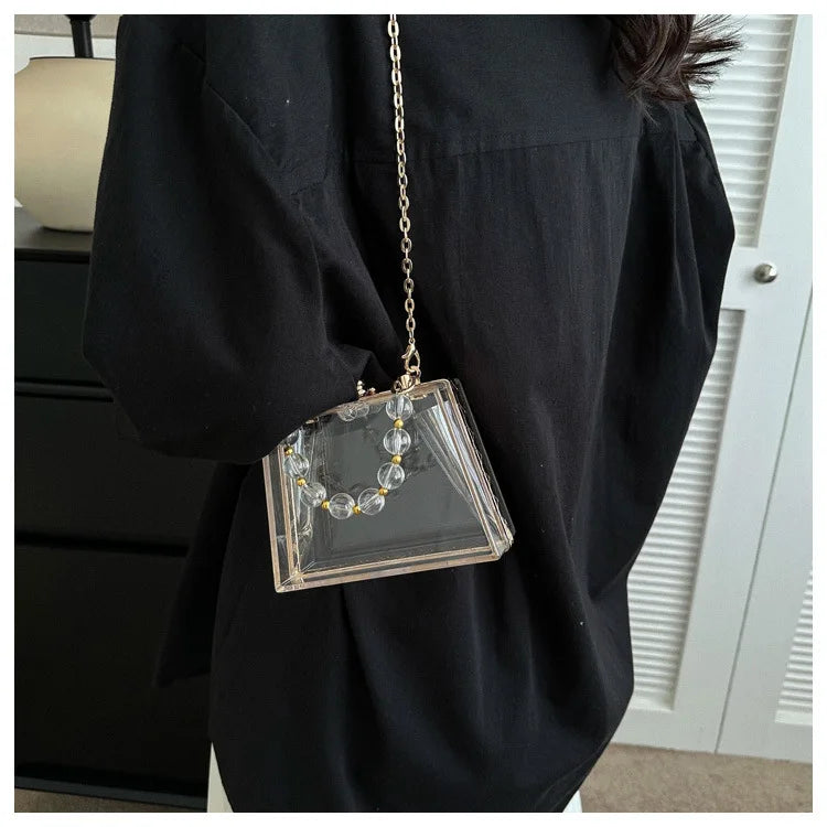 Summer Transparent Box Bag Female Small Pearl Handle Clear Shoulder Bag Chain Acrylic Dinner Bag