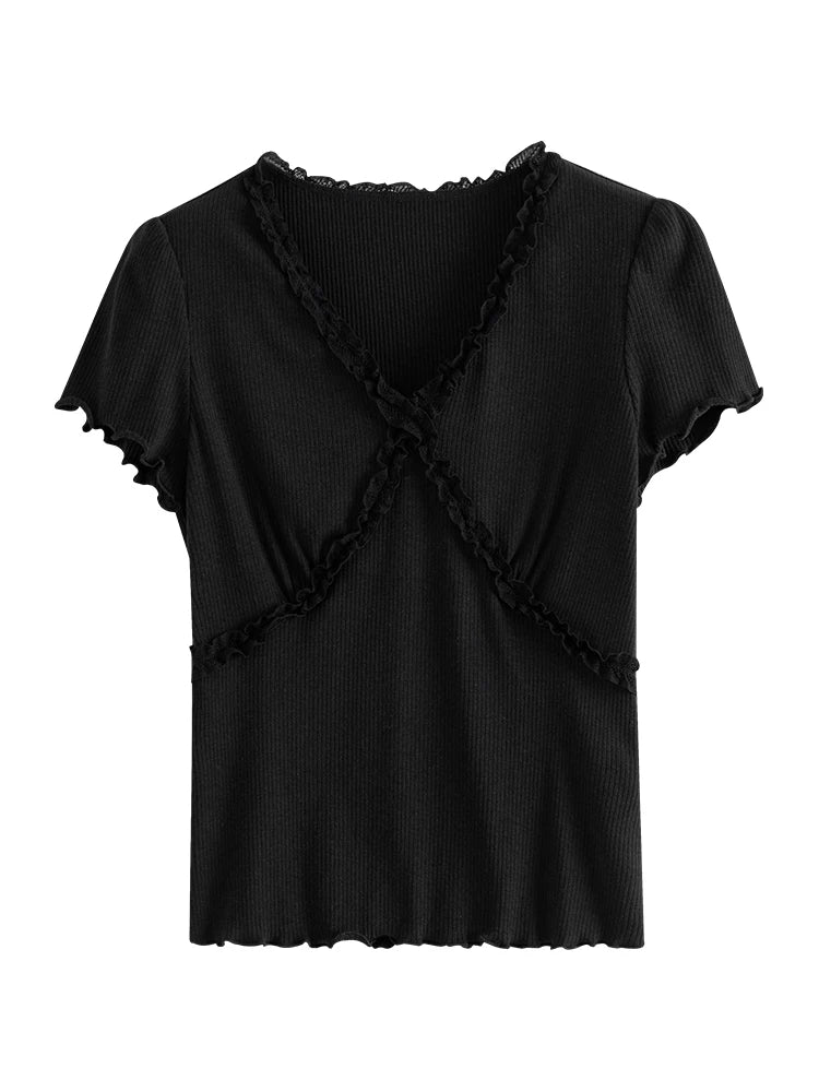 FSLE Camisetas cortas de punto con cuello en V y diseño de patchwork de encaje, camisetas finas de punto de manga corta para mujer, camiseta blanca 24FS12493