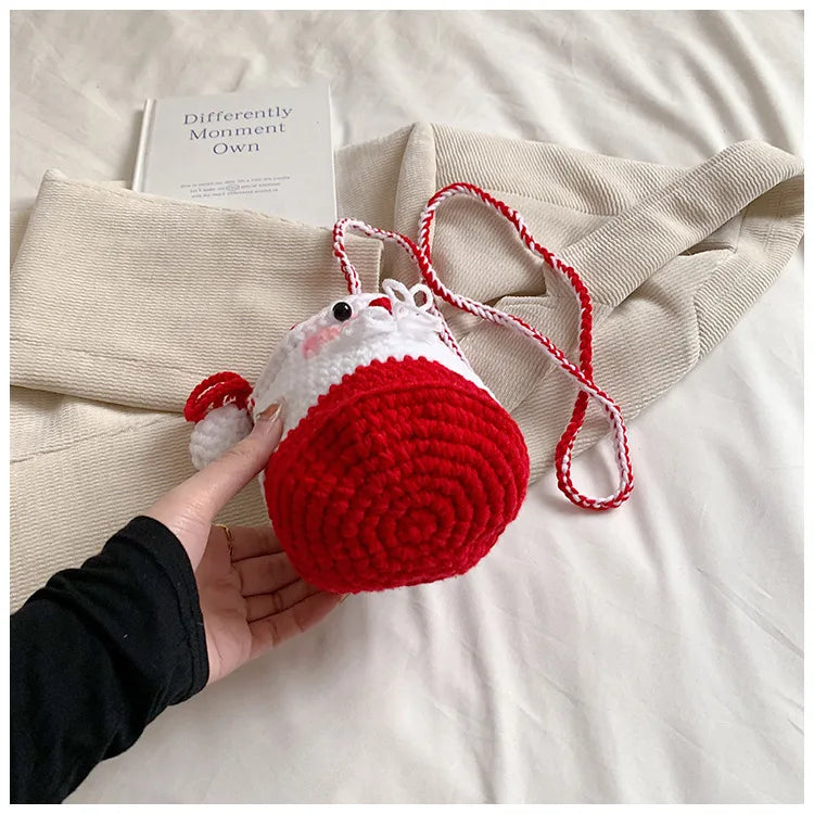 Bolso de punto de Papá Noel para mujer, bonito bolso cruzado de dibujos animados, mini bolso de mano de ganchillo, novedoso bolso navideño