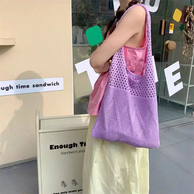 Casual Hollow Out Knitted Women Shoulder Bags Woolen Weave Large Capacity Tote Bag Summer Beach Bag Big Shopper Purses 2024