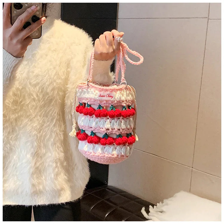 Handmade Woven Cherry Woolen Bag Fresh Fruit Woven Bag Crochet Knitted Bag Leisure String Shoulder Crossbody Bag 2024 New