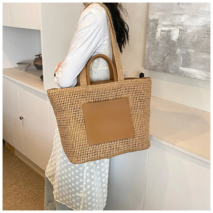 Casual Large Capacity Straw Tote Bag Hollow Paper Weave Women Shoulder Bags Handmade Summer Beach Handbag Big Bali Shopper Purse