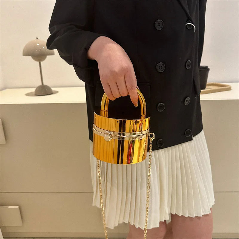 Bolso cilíndrico de acrílico con un solo hombro, bolso de noche de color dorado para mujer, bolso de cadena con forma de caja pequeña