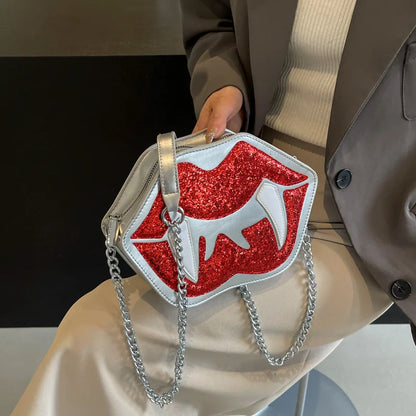 Bolsos cruzados pequeños para mujer, bolso de mano con lentejuelas, moda femenina, lindo bolso de cadena con boca roja, nuevo bolso de hombro 2024 para mujer