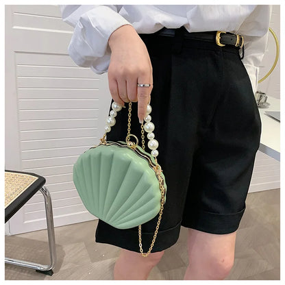 Fashion Shell Design Women Shoulder Bags Pearls Handle Lady Handbags Candy Color Pu Leather Crossbody Bag Small Female Purses