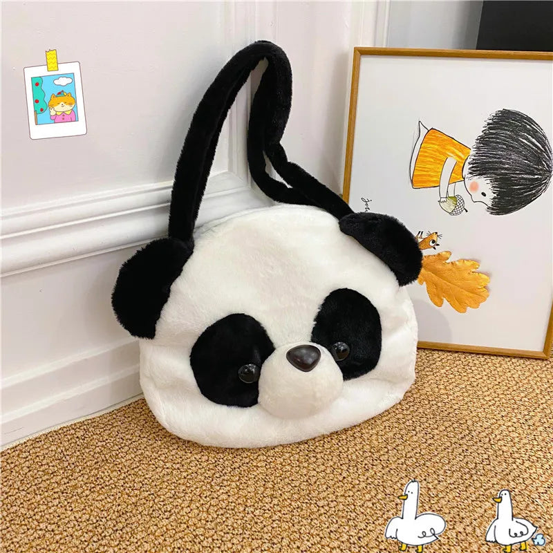 Bolsos de hombro de peluche para adolescentes, diseño kawaii, con forma de cabeza de panda, elegantes y suaves, para compras, portátiles