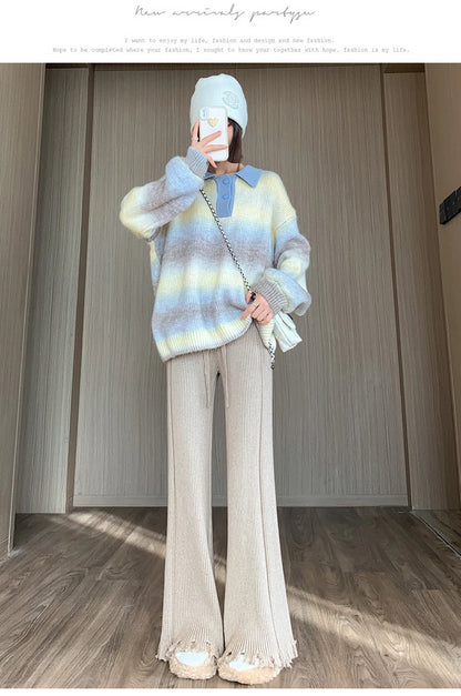 Suninheart Tassels Wide Leg Knitted Pants Women Winter Stripe Loose Trousers Femme Casual Full Length Warm Sweater Pants 2022