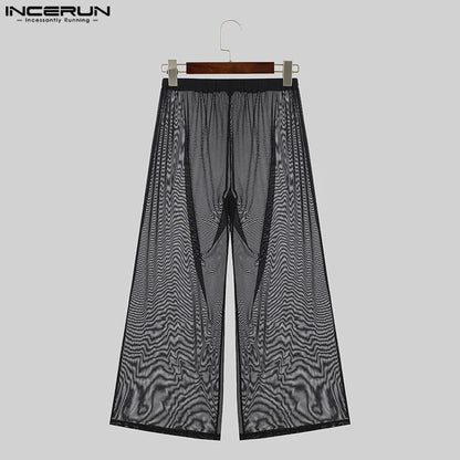 Pantalon large en maille transparente pour homme, taille élastique ample, streetwear, sexy, couleur unie, mode, 2024