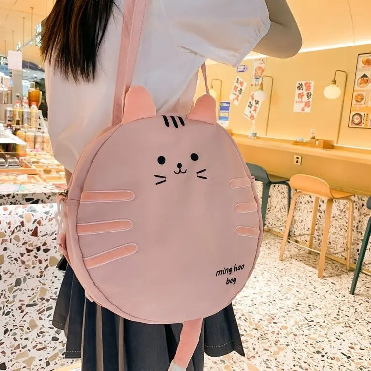 Bolso de hombro escolar kawaii para chicas adolescentes, bolsos cruzados con forma de gato pequeño, bolsos y carteras circulares para mujer, bolso de mano