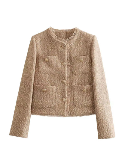 Chaqueta de mujer Suninheart, chaqueta de otoño con cuello redondo, manga larga, bolsillo, abrigo de un solo pecho, abrigos y prendas de abrigo elegantes para mujer