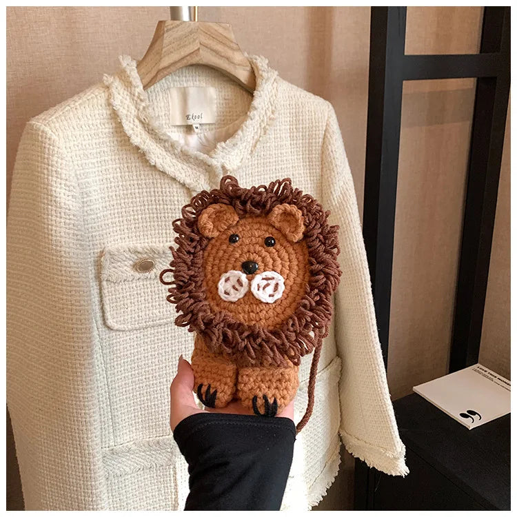 Cute Little Lion Bag For Girls Women's Funny Mobile Phone Coin Purse Winter Knitting Shoulder Crossbody Bag