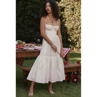 Suninheart - Vestido elegante y bonito de verano de alta calidad para mujer, vestido de jacquard de mezcla de algodón blanco, vestido de fiesta de vacaciones a media pierna