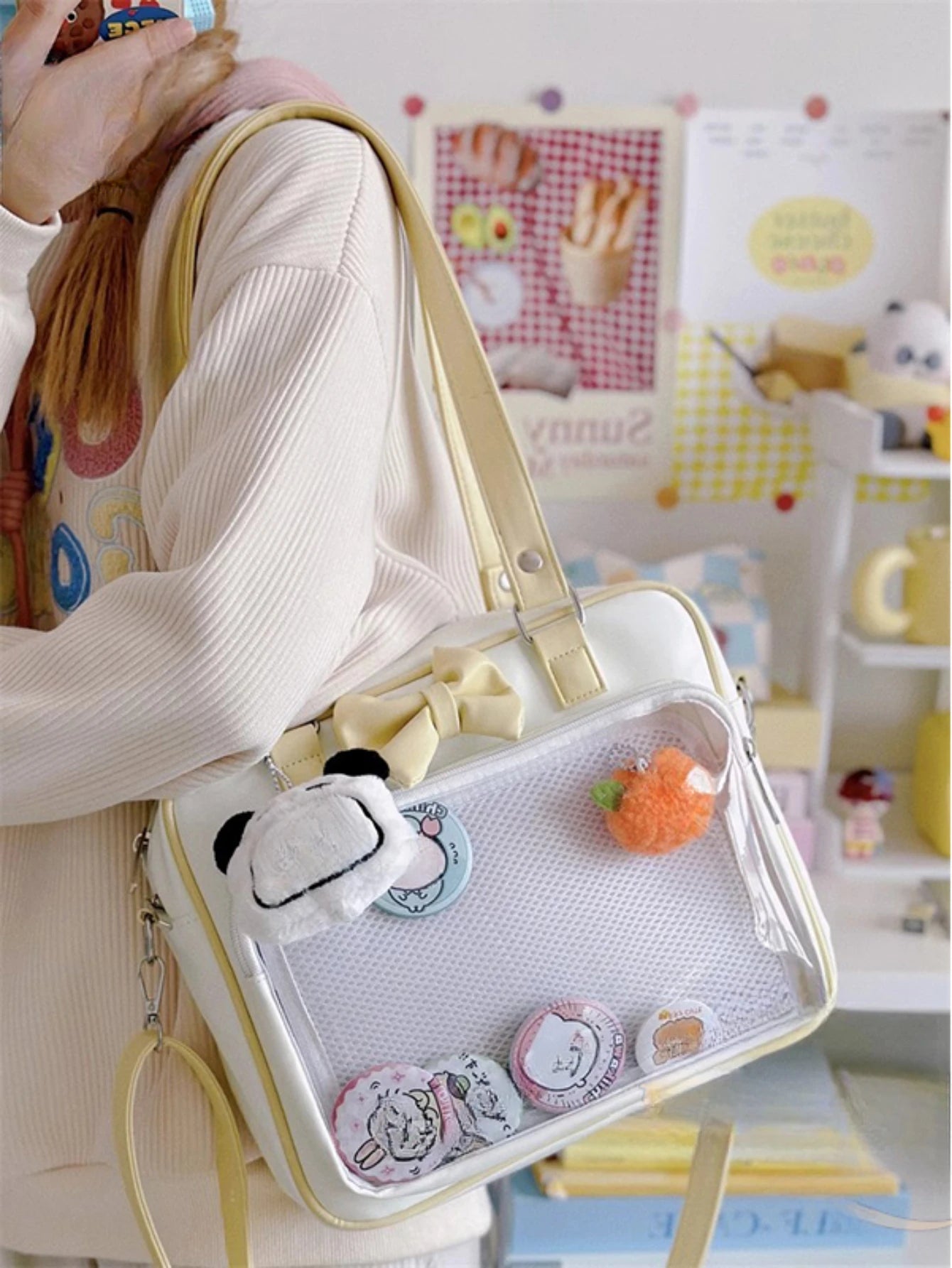 Bolso de mano estilo japonés Kawaii de piel sintética tipo Itabag para mujer, transparente, con lazo y bolsillo, estilo Lolita, para chica JK