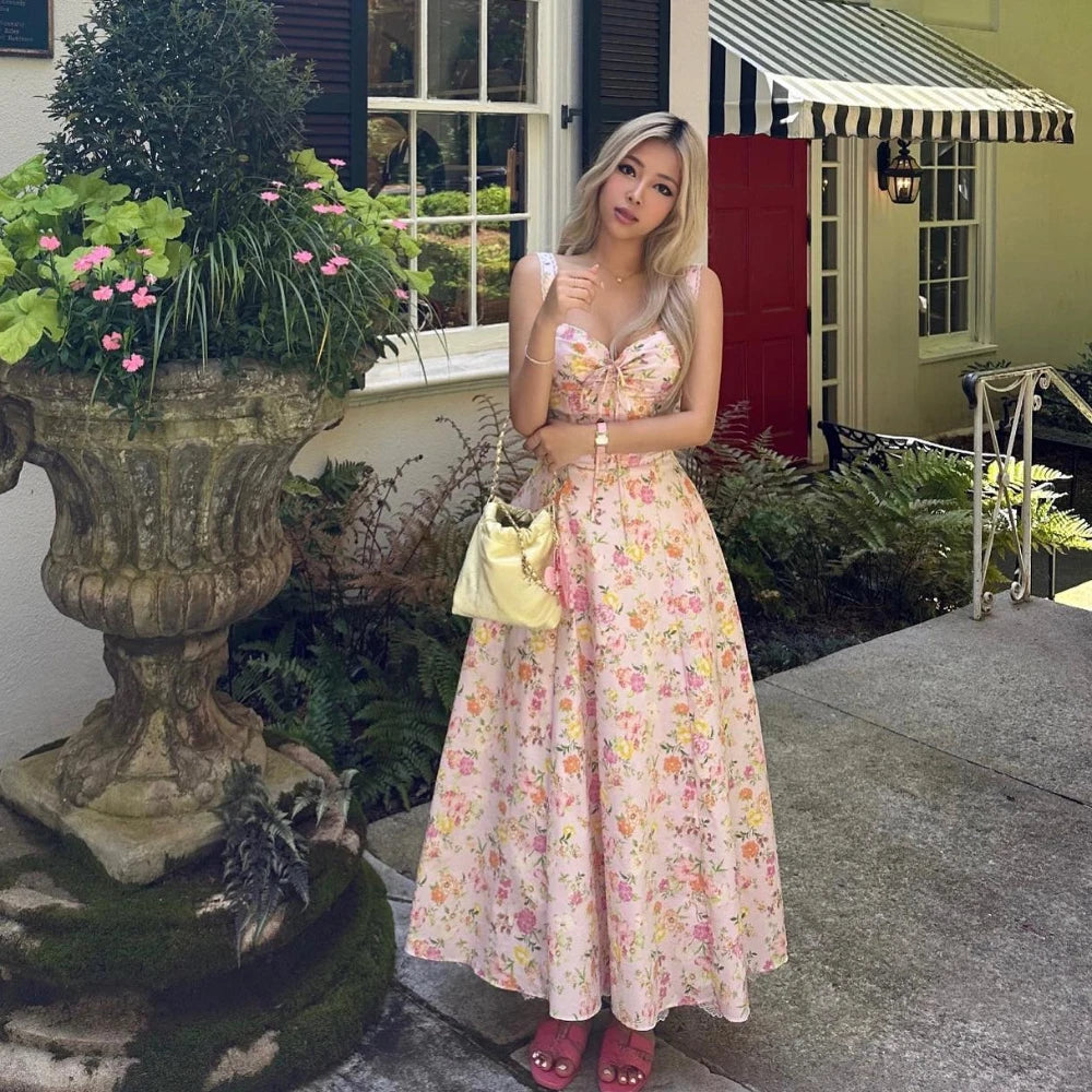 Suninheart Summer Elegant Midi Dress 2024 New Arrivals Floral Print Casual Holiday Party Dress Flare Women Dress Wholesale