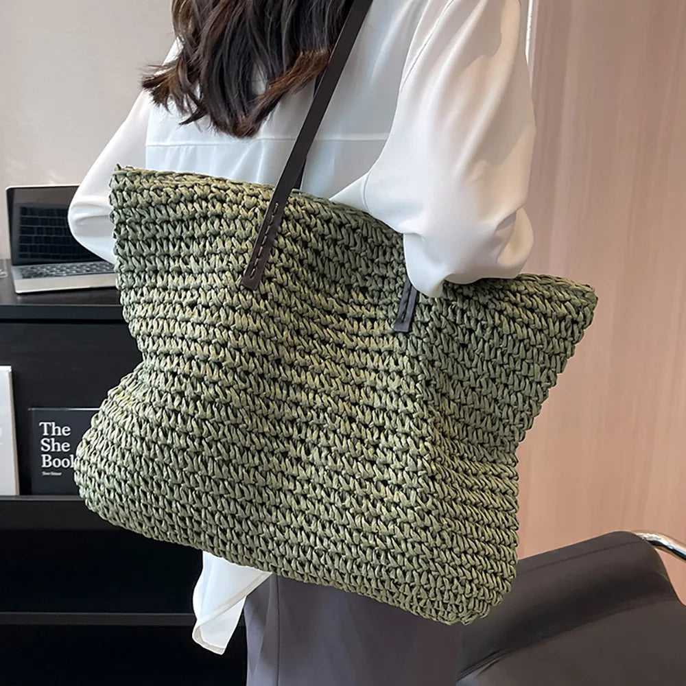 Casual Large Capacity Straw Tote Bag Vintage Woven Women Shoulder Bags Handamde Summer Beach Handbags Big Shopper Purses 2024