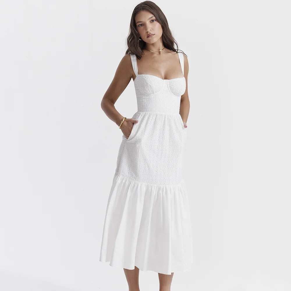 Suninheart - Vestido elegante y bonito de verano de alta calidad para mujer, vestido de jacquard de mezcla de algodón blanco, vestido de fiesta de vacaciones a media pierna