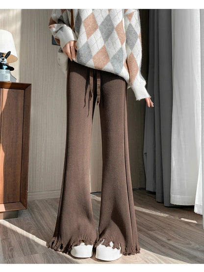 Suninheart Tassels Wide Leg Knitted Pants Women Winter Stripe Loose Trousers Femme Casual Full Length Warm Sweater Pants 2022