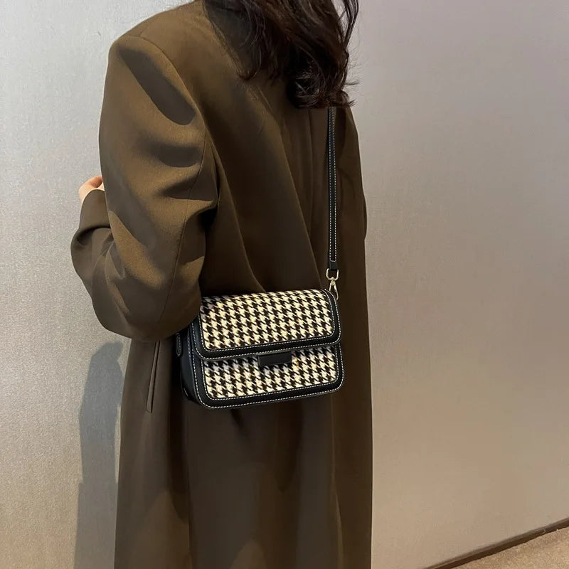 Toptrends 3 Layers Flap Small Shoulder Crossbody Bags For Women 2024 Trend Designer Houndstooth Woolen Fabric Ladies Handbags