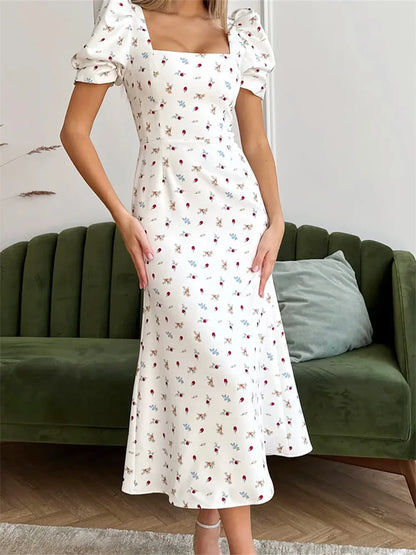 Women Floral Midi Vintage Dress Short Puff Sleeve Square Neck A-Line Dress Bohemian Summer Casual Elegant Flowy Dresses