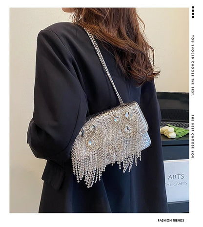 Evening Small Square Bags for Women 2023 Fashion Diamond Tassel Handbag Leather Chain Luxury Party Sparkle Shoulder Bag Woman