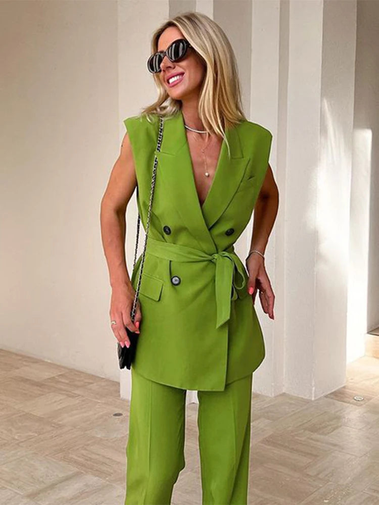 Women Fashion Trousers Two Piece Sets Casual Loose Sleeveless Vest Coat Wide Leg Pants Suits 2023 Spring Commuter Office Set