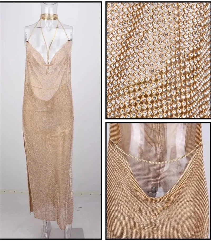 Robe de soirée longue et élégante en cristal pailleté pour femme, robe de soirée sexy dos nu, licou, scintillante, fendue haute