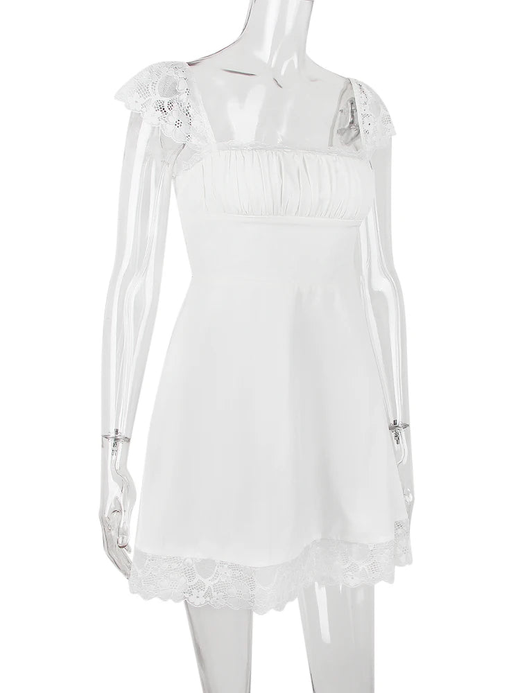 Robe blanche sexy en dentelle courte pour femme, tenue de soirée, de club, de vacances, décontractée, mini, douce, à lacets dans le dos, pour anniversaire, 2022