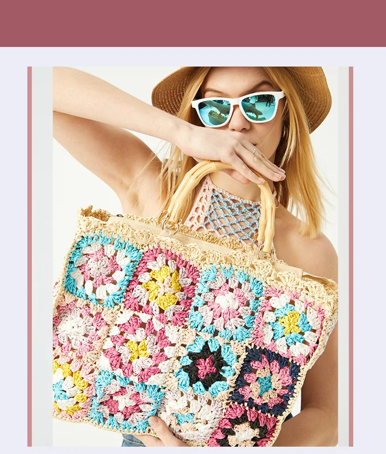 Bolso de mano de paja con forma de granny square bohemio con asa de bambú, bolsos de mujer informales hechos a mano, bolsos de playa de verano, carteras de gran capacidad