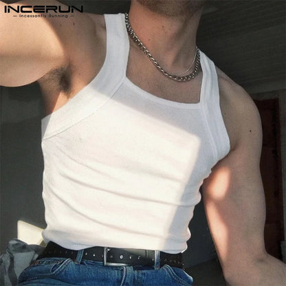 2023 Fashion Men Tank Tops Solid Color O-neck Sleeveless Skinny Vacation Casual Vests Streetwear Party Men Clothes S-5XL INCERUN