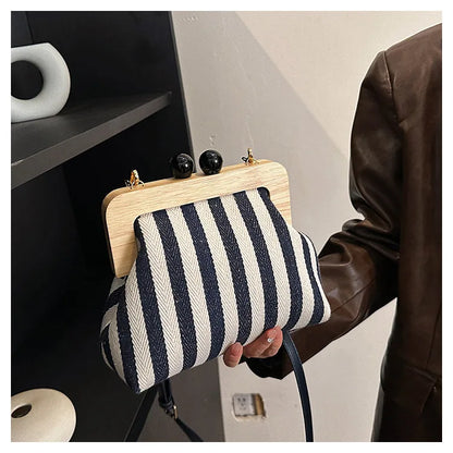 Bolsos de hombro elegantes con diseño de rayas y clip de madera para mujer, bolsos cruzados, carteras de mano para fiesta 2024