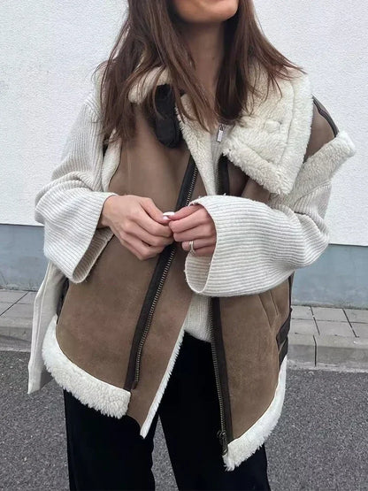 Suninheart Femmes 2022 Automne Fausse Fourrure Gilet Manteau Chaud Vintage Femme Gilets Manteau Nude Fermeture Éclair Veste Sans Manches Nouveau dans Vêtements D'extérieur