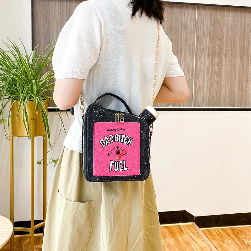 Fashion Personality Laser Sequin Embroidery Letter Oil Pot Bag Creativity Funny Chain Shoulder Bag Women Cute Messenger Bag