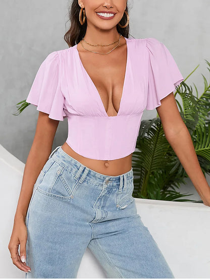 Suninheart Summer Sexy Chiffon Pleated Top Women Ruffle Short Sleeve Corset Top Casual Female's Blouse 2024