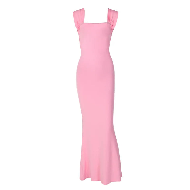 Dulzura Vestido largo rosa sin espalda con cordones para mujer, vestido ajustado sexy con tirantes finos, vestido elegante para fiesta, cumpleaños y noche