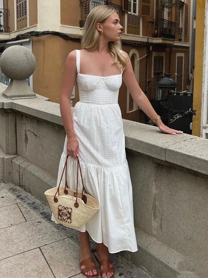 Suninheart High Quality Summer Elegant and Pretty Women's Dresses White Cotton Blend Jacquard Dress Midi Vacation Party Dress