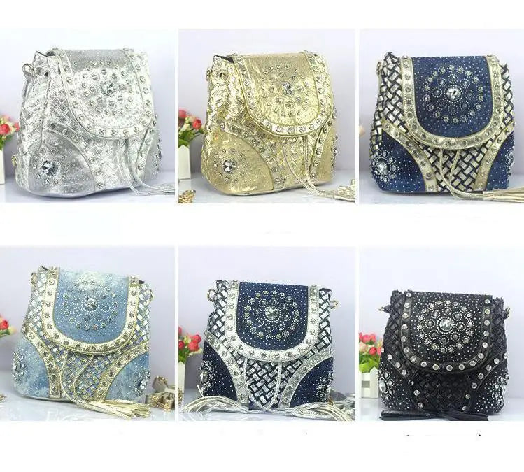 Bolso de hombro elegante de marca con diamantes de imitación para mujer, bolso de tela vaquera informal para mujer, bolsos de mano para mujer, mochila