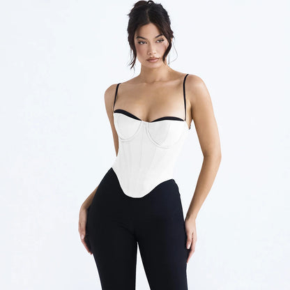 Suninheart Bustier en satin épais corset haut court avec coussinets de poitrine bretelles spaghetti haut moulant blanc hauts d'été pour femmes avec arêtes de poisson