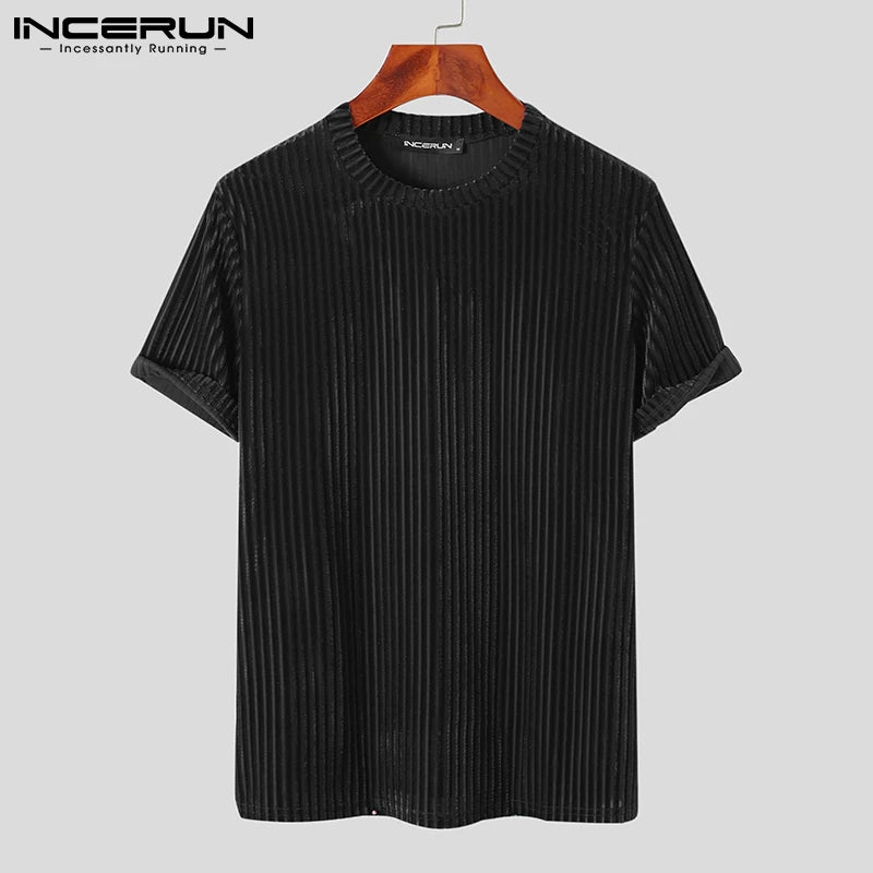 Fashion Casual Style Men's Camiseta  Party Shows Tees INCERUN Male Stylish Hot Sale Drawstring Round Neck Stretch T-shirts S-3XL